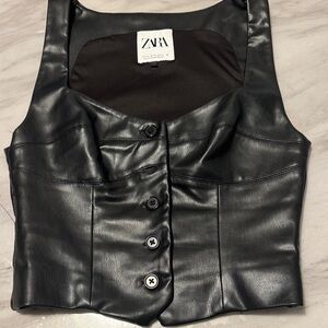 Zara Sleek Black Leather Buttoned Vest